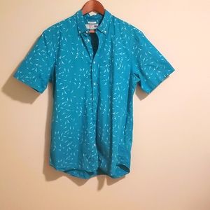 Old Navy Classic Shirt Slim Fit Button Down Teal White Birds Business Casual L